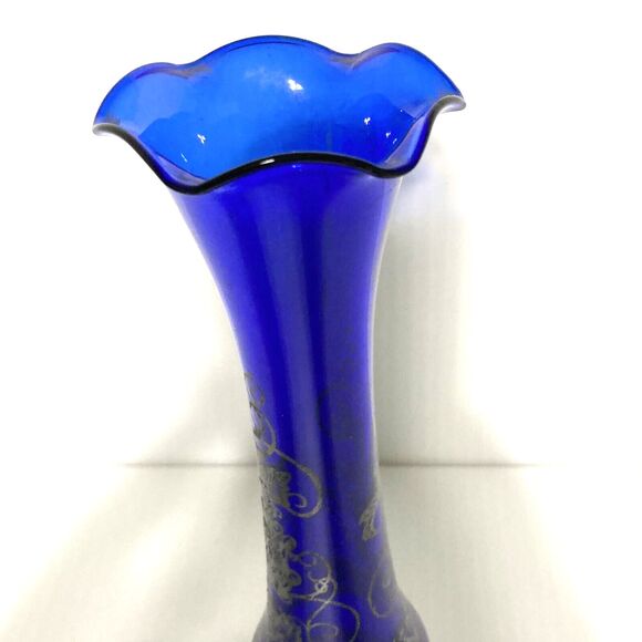 Vintage COBALT BLUE Hand Blown Gilded Art Glass Bud Vase Genie Bottle 8 in Tall - Picture 6 of 12